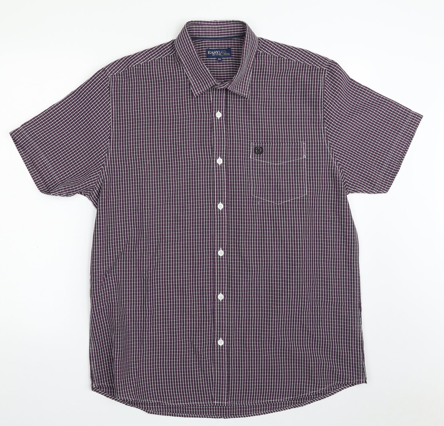 Easy Mens Purple Check Polyester  Button-Up Size M Collared Button