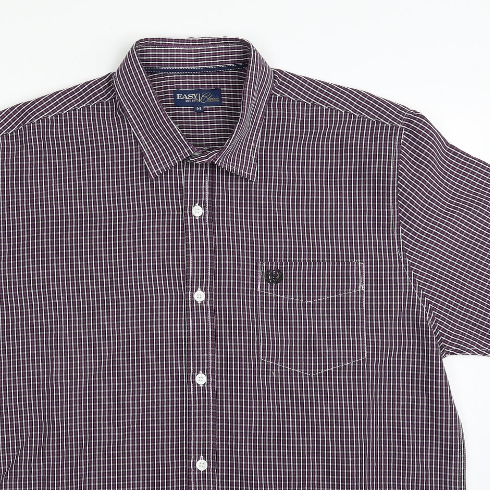 Easy Mens Purple Check Polyester  Button-Up Size M Collared Button