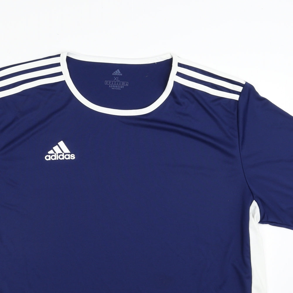 adidas Mens Blue Striped 100% Polyester Pullover T-Shirt Size XL Crew Neck Pullover - Aeroready