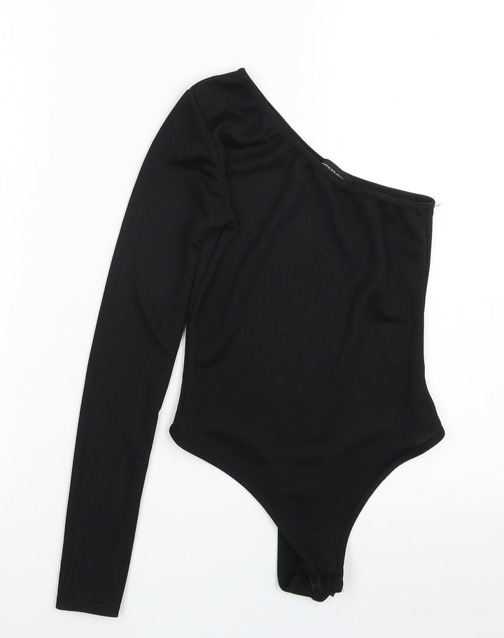 PRETTYLITTLETHING Womens Black Polyester Bodysuit One-Piece Size 6 Pullover - One Shoulder; One Sleeve