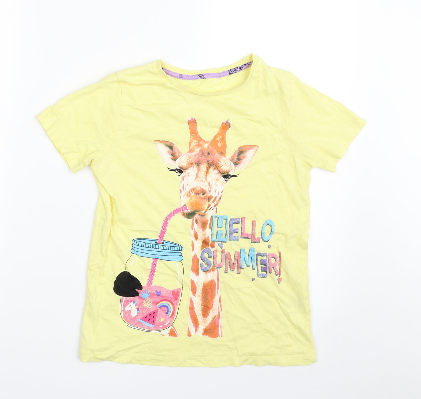 Dunnes Stores Girls Yellow  100% Cotton Pullover T-Shirt Size 9-10 Years Crew Neck Pullover - Hello Summer