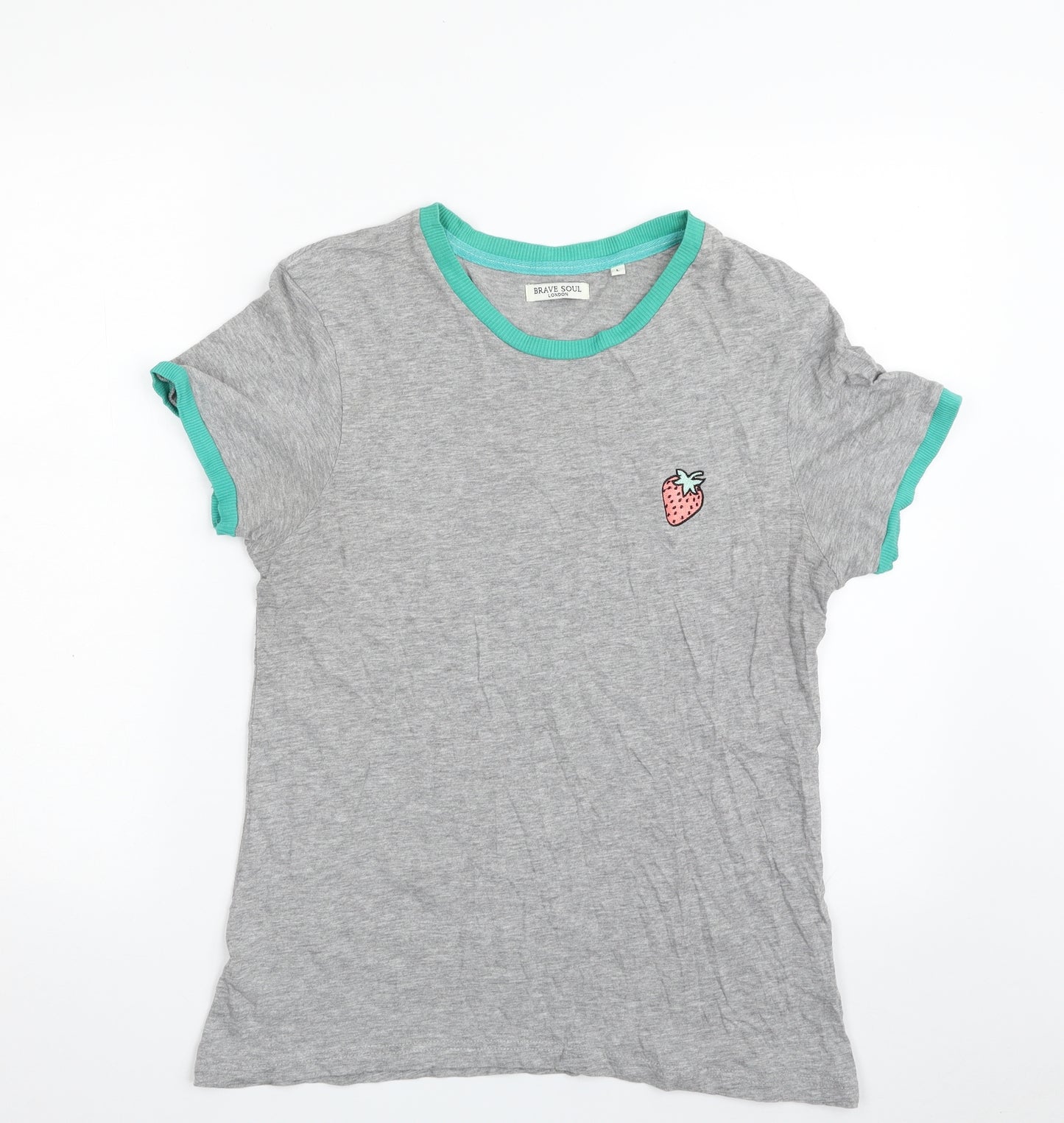 Brave Soul Womens Grey  Cotton Basic T-Shirt Size L Crew Neck - Strawberry