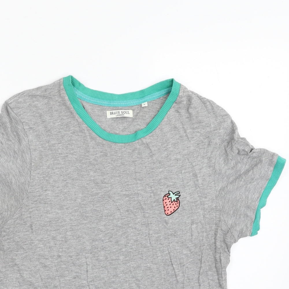 Brave Soul Womens Grey  Cotton Basic T-Shirt Size L Crew Neck - Strawberry