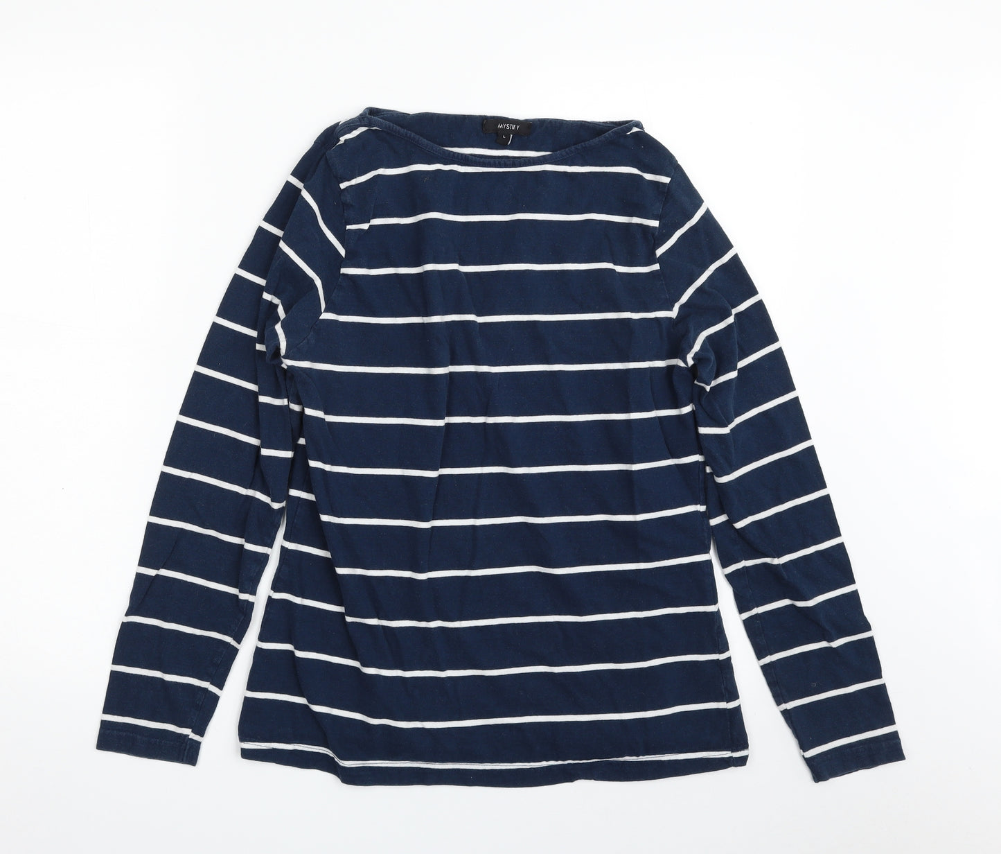 MYSTIFY  Womens Blue Striped 100% Cotton Basic T-Shirt Size L Boat Neck