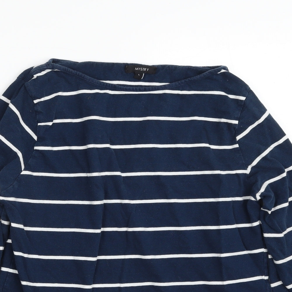MYSTIFY  Womens Blue Striped 100% Cotton Basic T-Shirt Size L Boat Neck