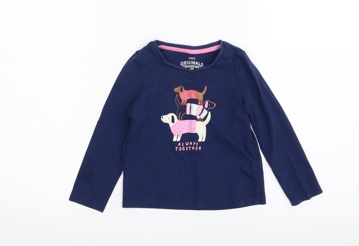Marks and Spencer Girls Blue Batik Cotton Pullover T-Shirt Size 2-3 Years Crew Neck Pullover - Always Together
