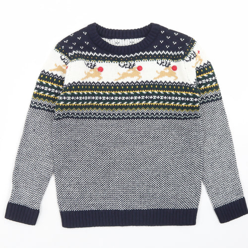 Dunnes Stores Boys Blue Crew Neck Fair Isle Acrylic Pullover Jumper Size 7-8 Years   - Christmas