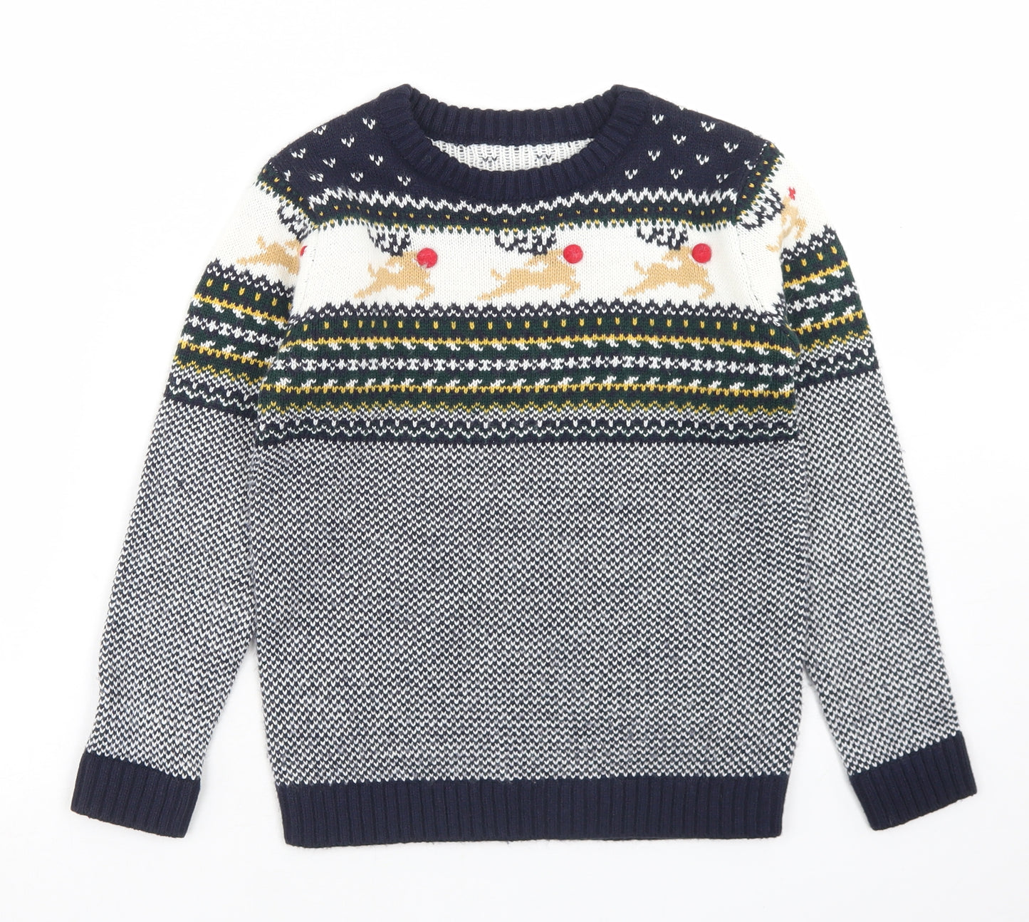 Dunnes Stores Boys Blue Crew Neck Fair Isle Acrylic Pullover Jumper Size 7-8 Years   - Christmas