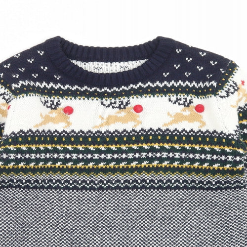 Dunnes Stores Boys Blue Crew Neck Fair Isle Acrylic Pullover Jumper Size 7-8 Years   - Christmas