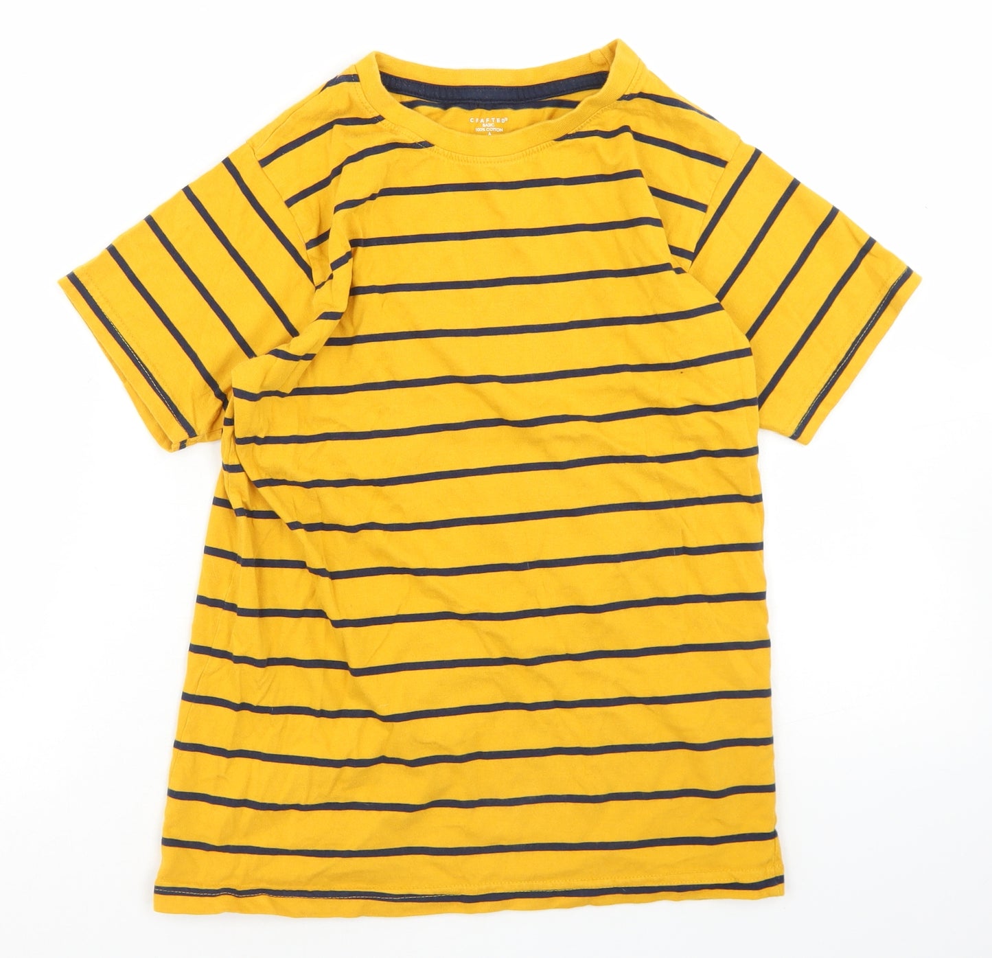 Crafted Boys Yellow Striped Cotton Basic T-Shirt Size 13 Years Crew Neck