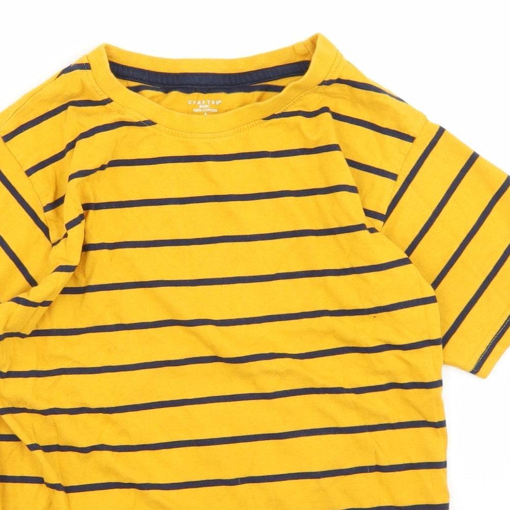 Crafted Boys Yellow Striped Cotton Basic T-Shirt Size 13 Years Crew Neck