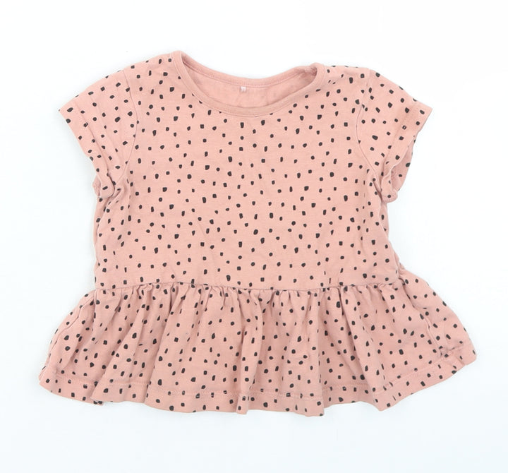 George Girls Pink Polka Dot Cotton Basic T-Shirt Size 12-18 Months Crew Neck - Peplum