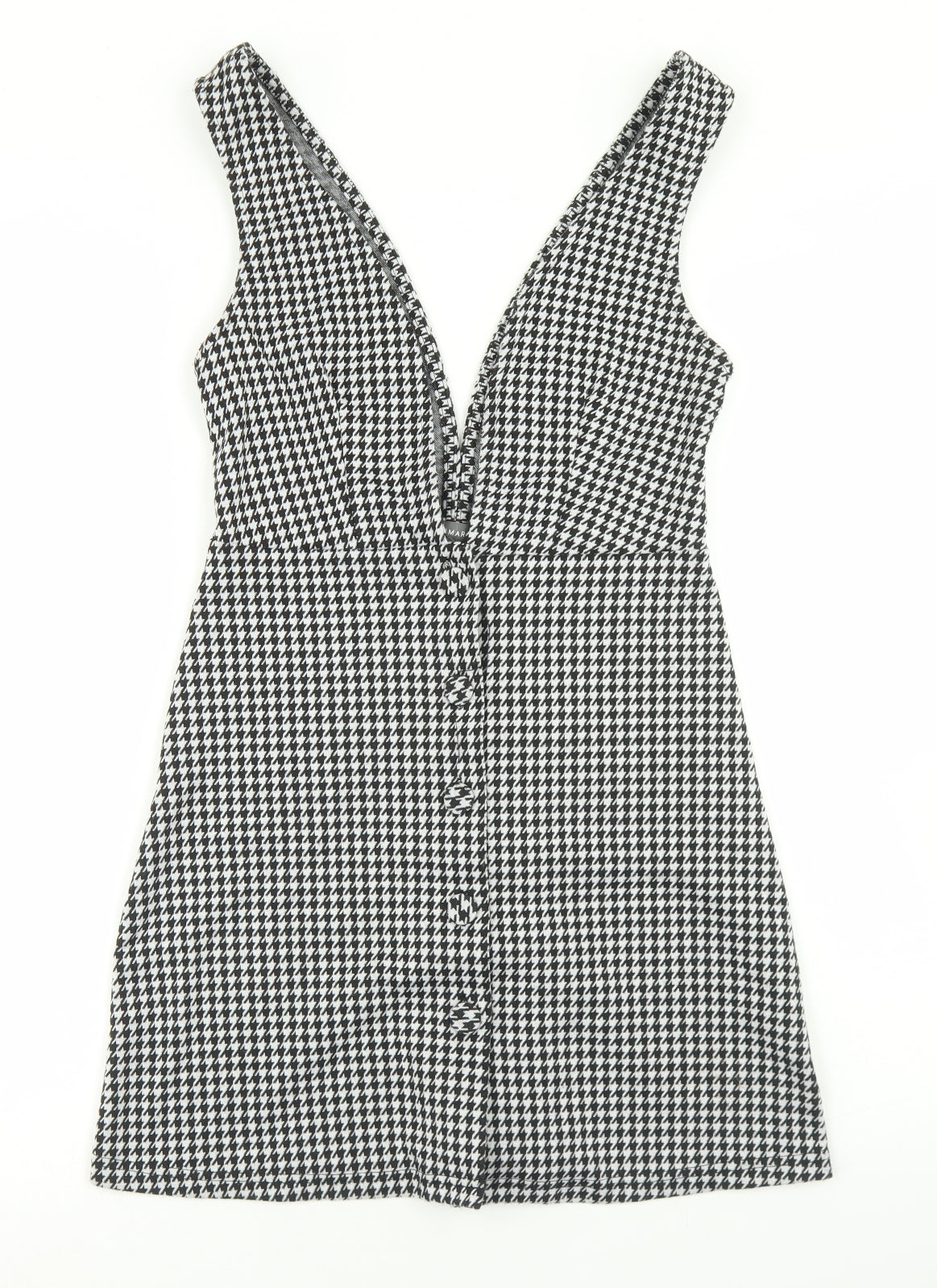 Primark Womens Black Houndstooth Polyester Skater Dress  Size 8  V-Neck  - deep Plunge