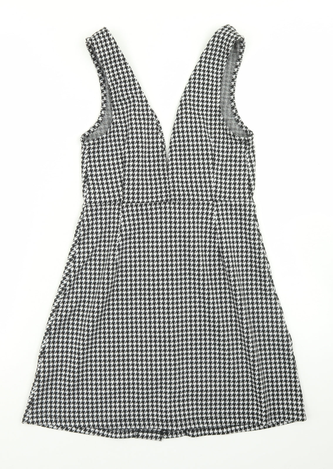 Primark Womens Black Houndstooth Polyester Skater Dress  Size 8  V-Neck  - deep Plunge
