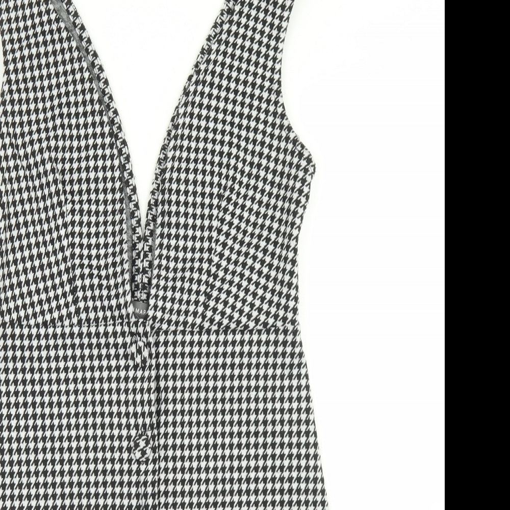 Primark Womens Black Houndstooth Polyester Skater Dress  Size 8  V-Neck  - deep Plunge
