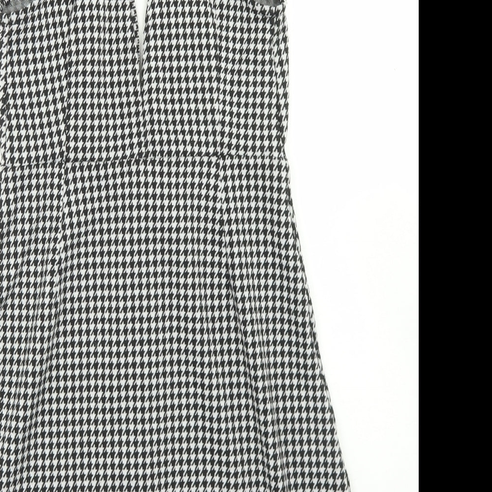 Primark Womens Black Houndstooth Polyester Skater Dress  Size 8  V-Neck  - deep Plunge