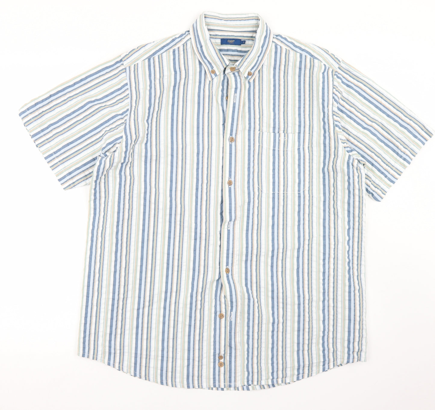 Cotton Traders Mens Blue Striped Cotton  Button-Up Size L Collared Button
