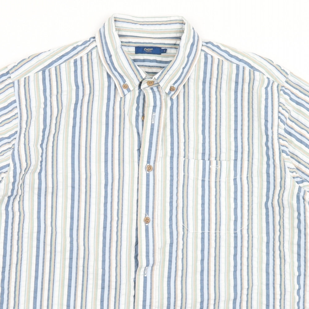Cotton Traders Mens Blue Striped Cotton  Button-Up Size L Collared Button
