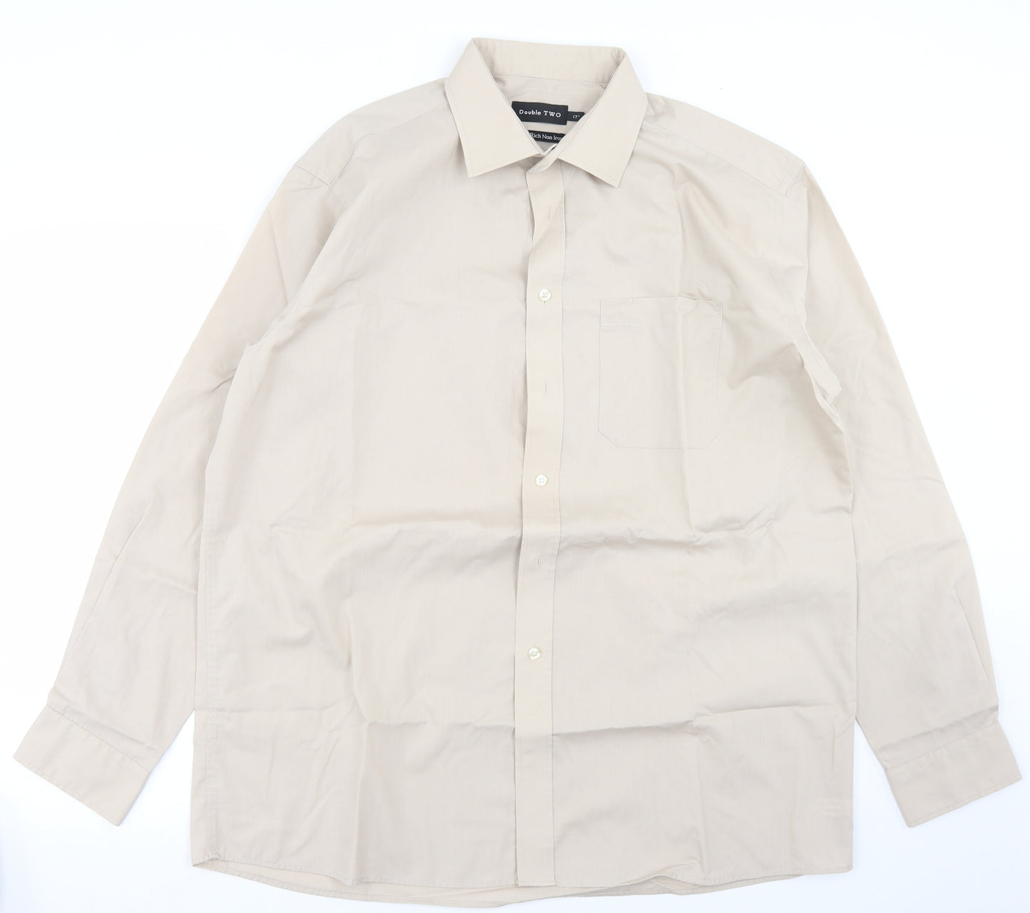 Double TWO Mens Beige  Cotton  Dress Shirt Size 17 Collared Button