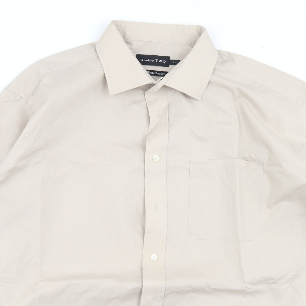 Double TWO Mens Beige  Cotton  Dress Shirt Size 17 Collared Button