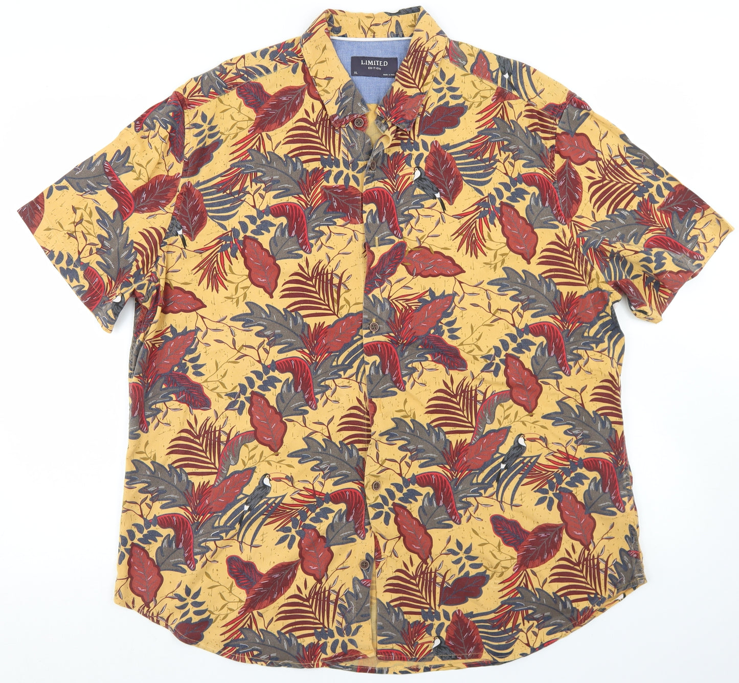 Marks and Spencer Mens Yellow Floral Viscose  Button-Up Size XL Collared Button - Toucan