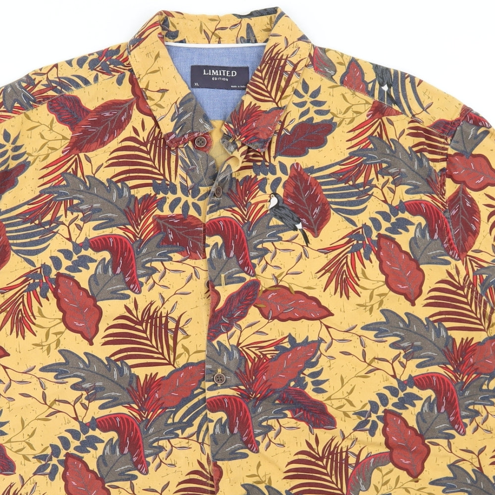 Marks and Spencer Mens Yellow Floral Viscose  Button-Up Size XL Collared Button - Toucan