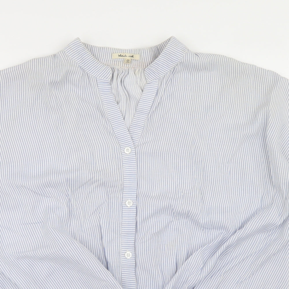 Bleuh Ciel Womens Blue Striped Cotton Basic T-Shirt Size M Round Neck