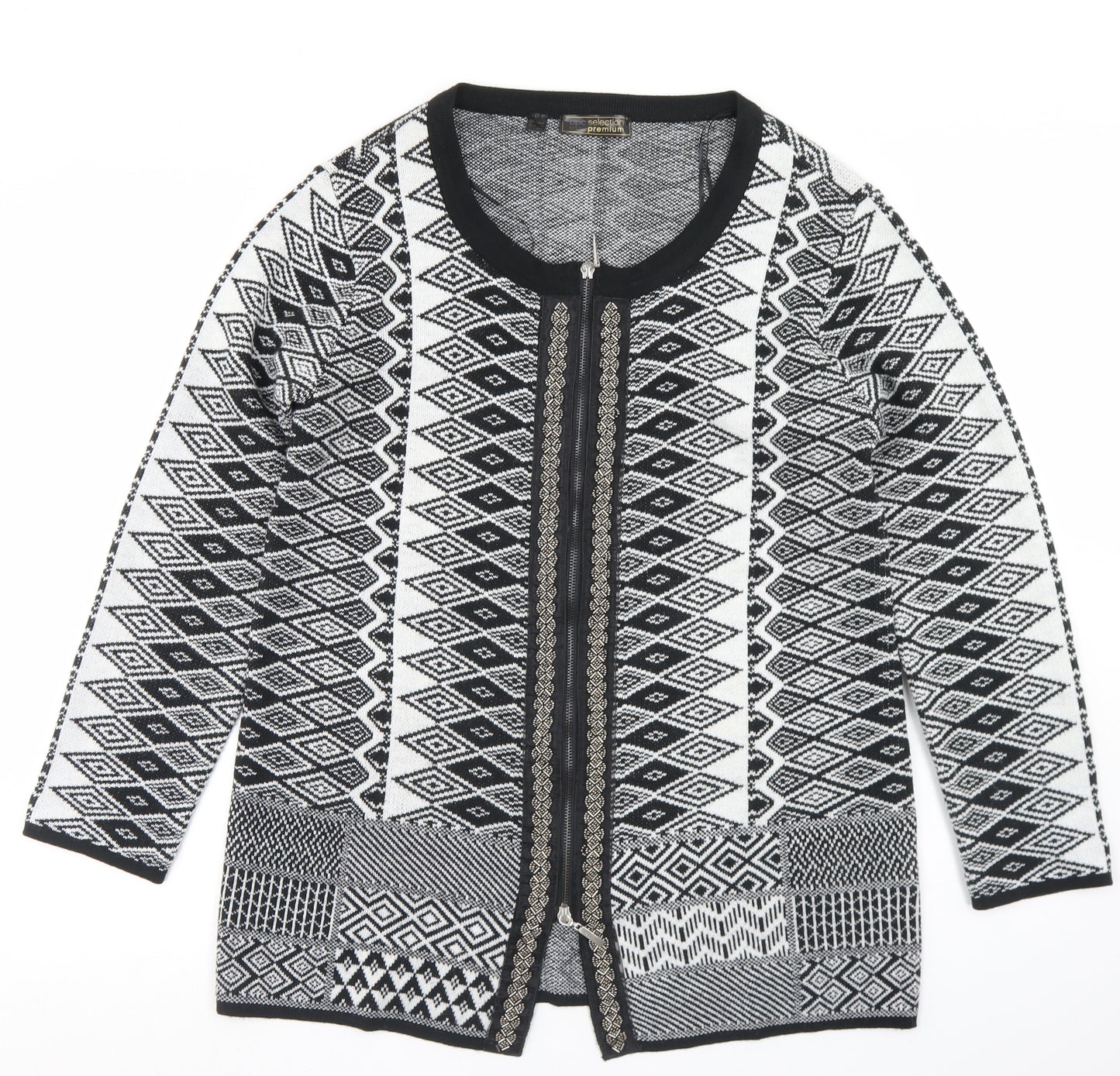 BPC Selection Womens Black Round Neck Argyle/Diamond Acrylic Full Zip Jumper Size M