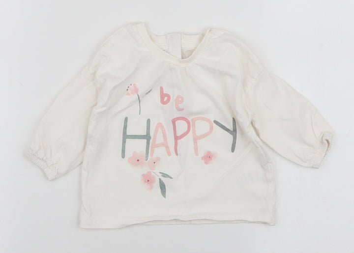 Matalan Girls White  100% Cotton Jersey T-Shirt Size 3-6 Months Round Neck Button - Be happy