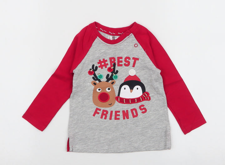 Preworn Boys Multicoloured 100% Cotton Jersey T-Shirt Size 12 Months Round Neck Snap - Christmas