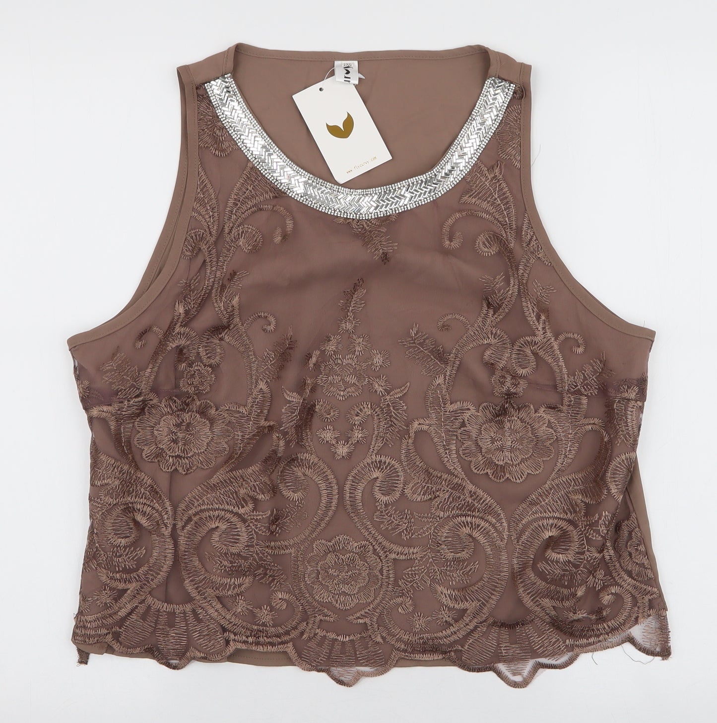 Fly Curby Womens Brown Floral Polyester Basic Blouse Size 2XL Round Neck