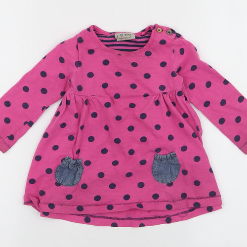 NEXT Girls Pink Polka Dot 100% Cotton Skater Dress  Size 12-18 Months  Round Neck Button