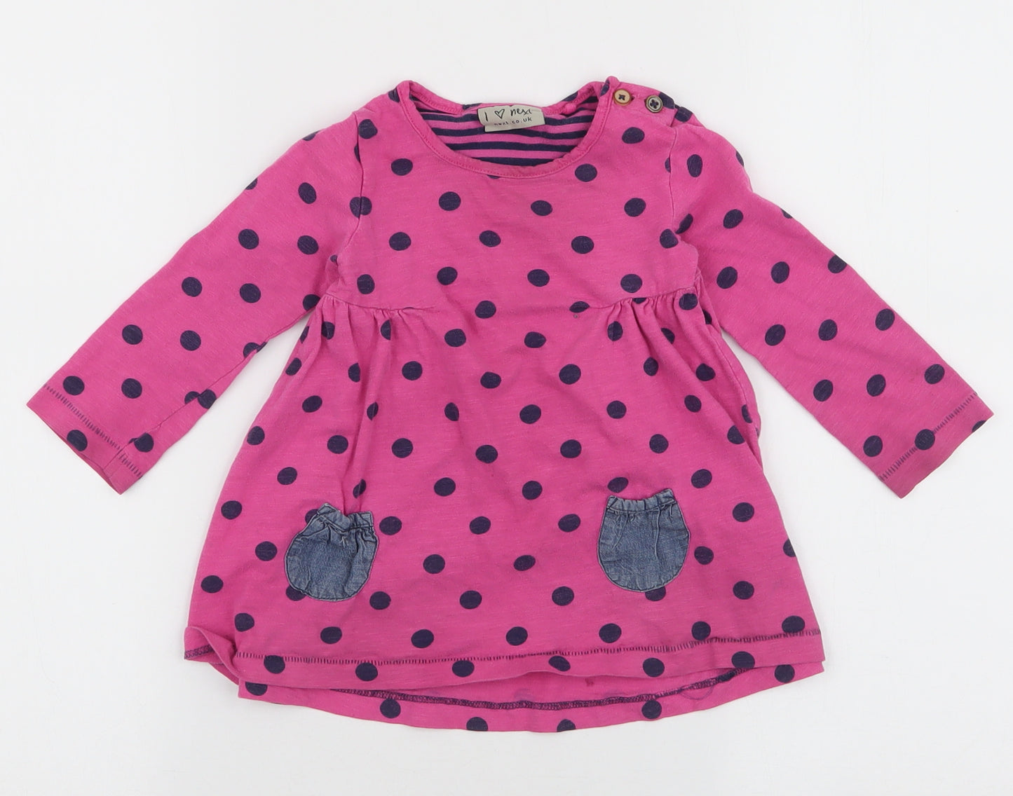 NEXT Girls Pink Polka Dot 100% Cotton Skater Dress  Size 12-18 Months  Round Neck Button