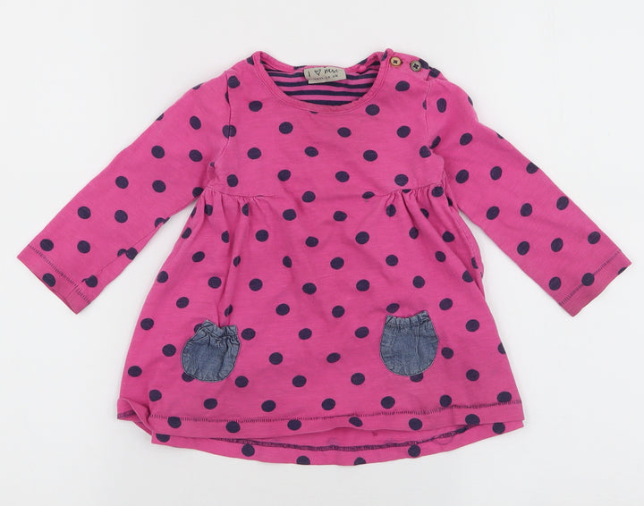 NEXT Girls Pink Polka Dot 100% Cotton Skater Dress Size 12-18 Months Round Neck Button