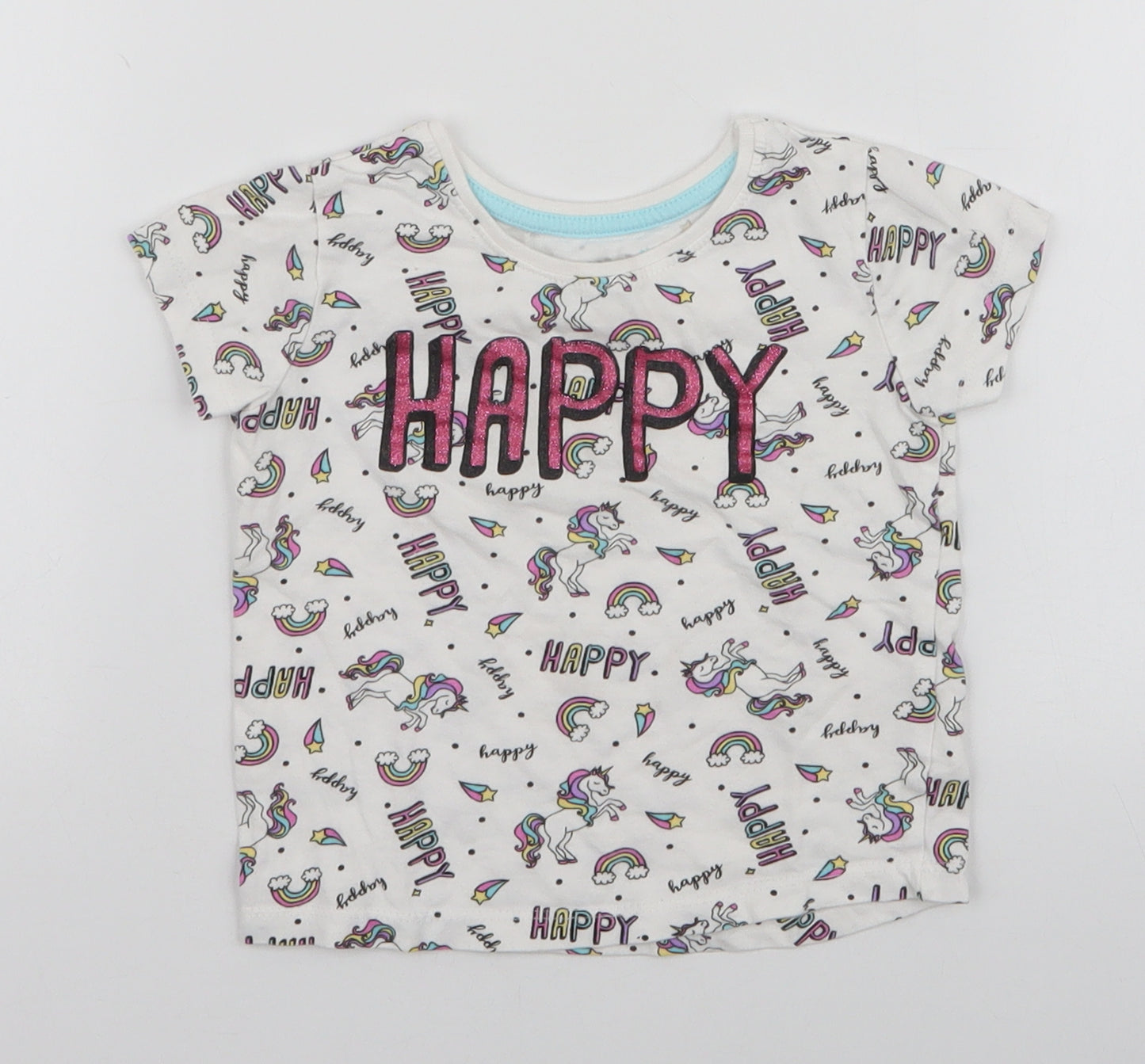 Primark Girls Multicoloured  100% Cotton Jersey T-Shirt Size 18-24 Months Round Neck Pullover - Unicorns Rainbows