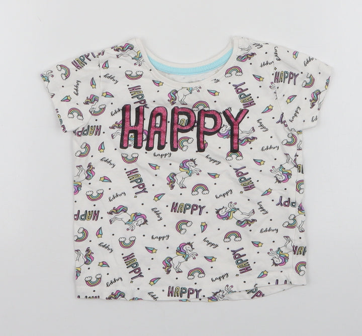 Primark Girls Multicoloured  100% Cotton Jersey T-Shirt Size 18-24 Months Round Neck Pullover - Unicorns Rainbows