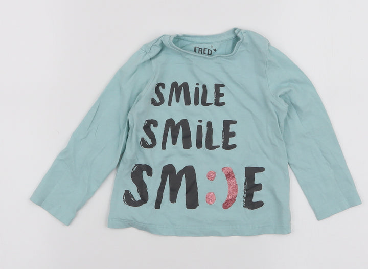 F&F Girls Blue  Cotton Jersey T-Shirt Size 12-18 Months Round Neck Snap - Smile