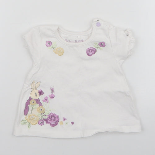 TU Girls White  Cotton Pullover T-Shirt Size 3-6 Months Round Neck Button - Peter Rabbit