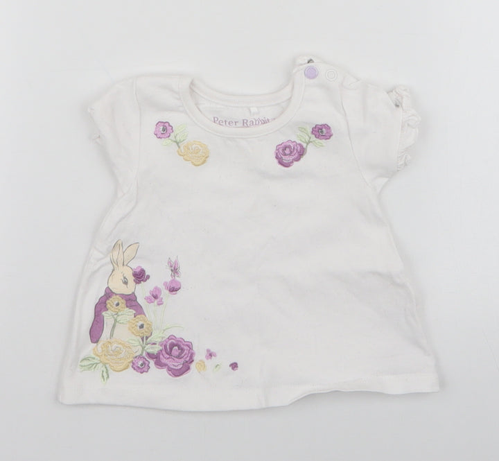 TU Girls White Cotton Pullover T-Shirt Size 3-6 Months Round Neck Button - Peter Rabbit