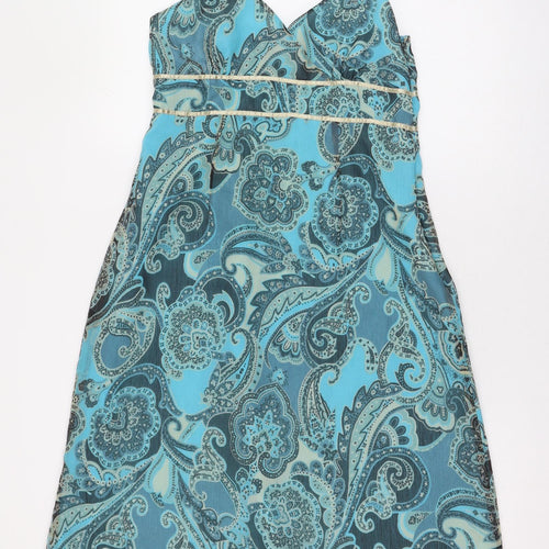 Preworn Womens Blue Paisley Polyester A-Line  Size S  V-Neck Zip