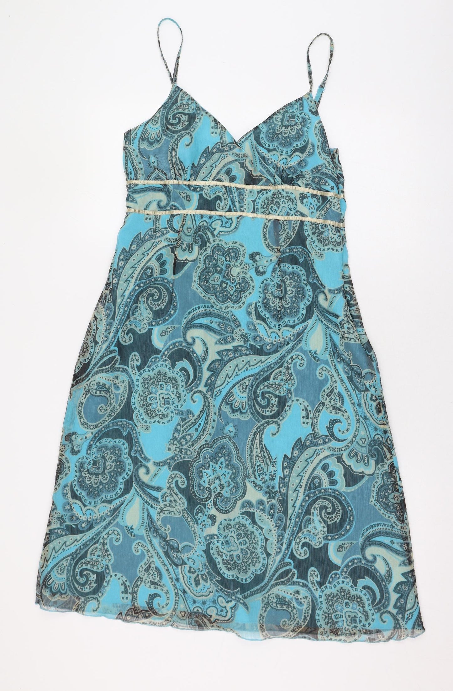 Preworn Womens Blue Paisley Polyester A-Line  Size S  V-Neck Zip