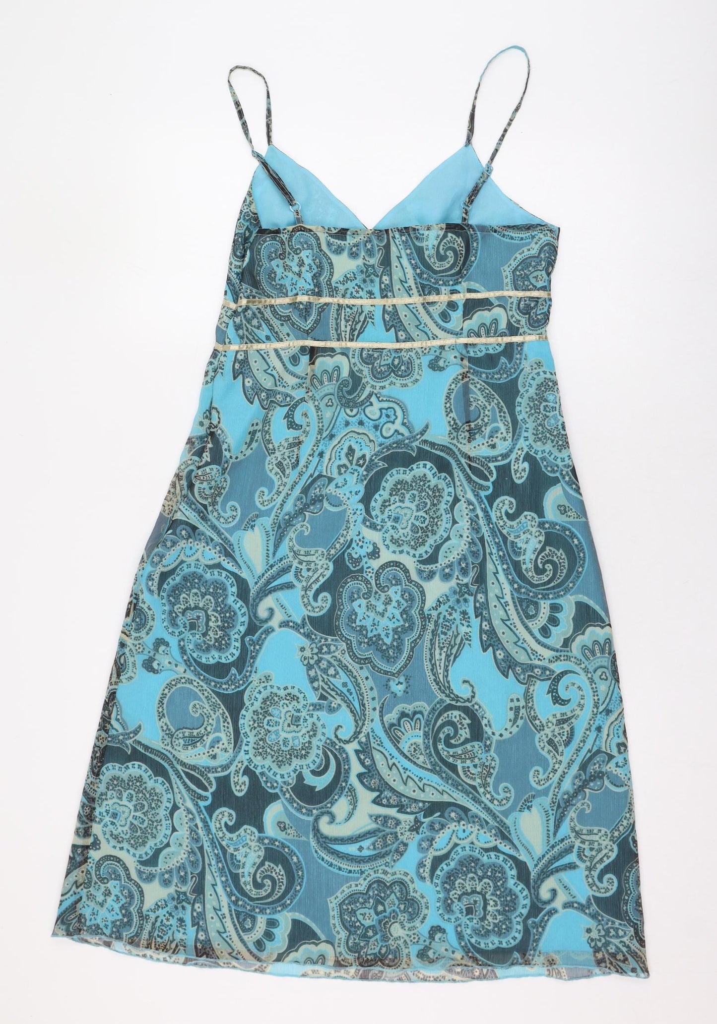 Preworn Womens Blue Paisley Polyester A-Line  Size S  V-Neck Zip
