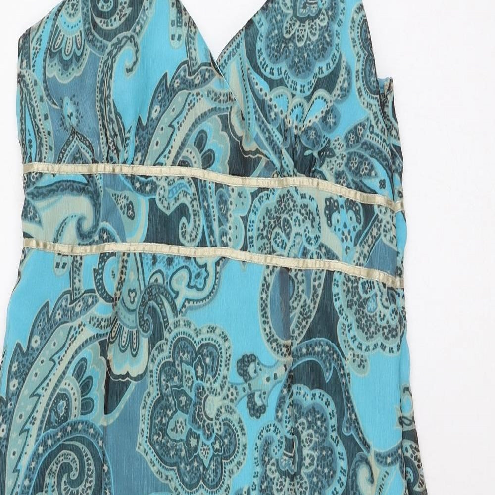 Preworn Womens Blue Paisley Polyester A-Line  Size S  V-Neck Zip