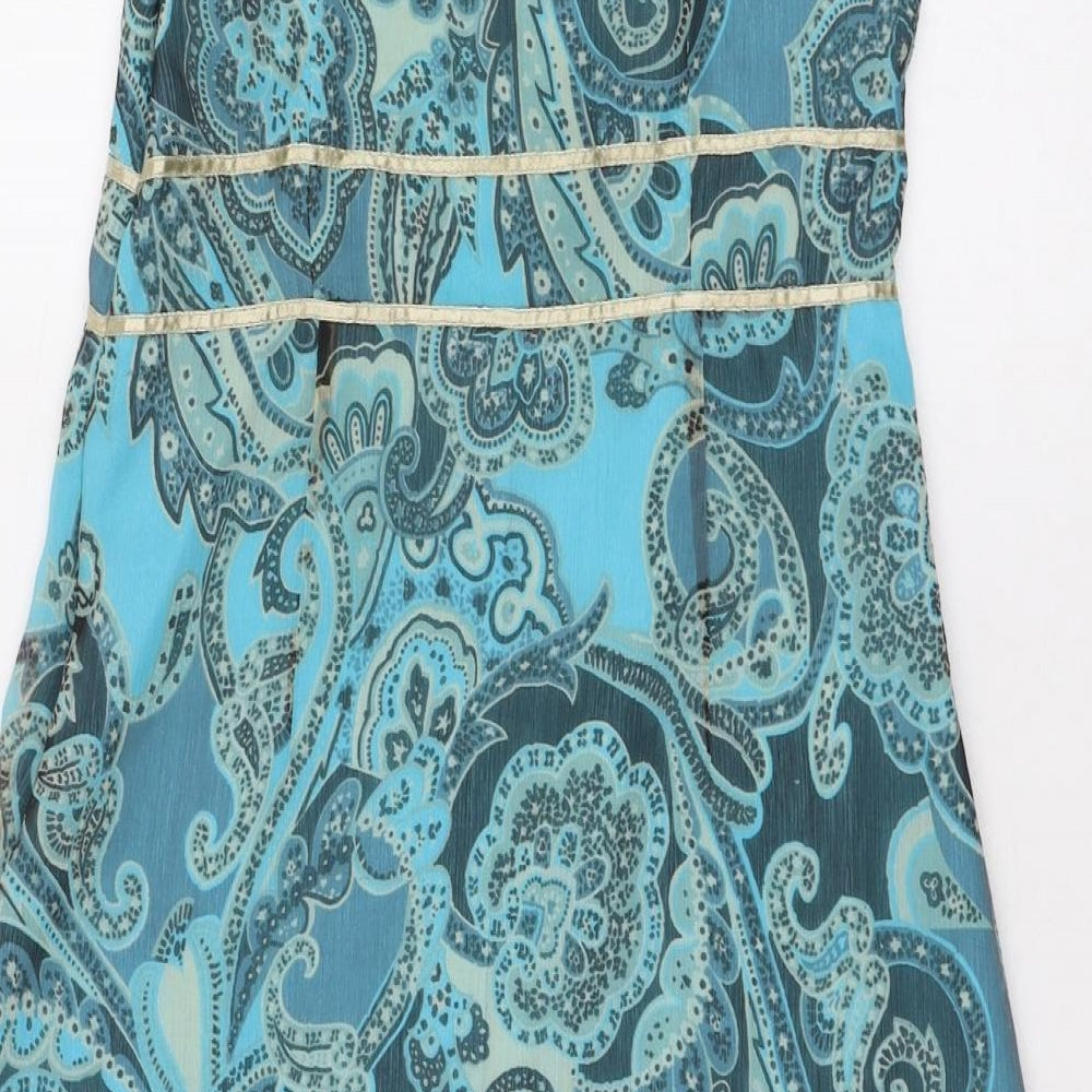 Preworn Womens Blue Paisley Polyester A-Line  Size S  V-Neck Zip