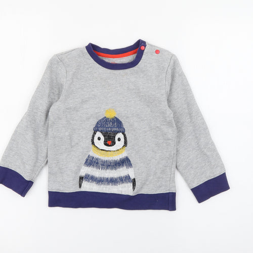 Baby Boden Boys Grey  Cotton Pullover Sweatshirt Size 3-4 Years  Snap - Penguin