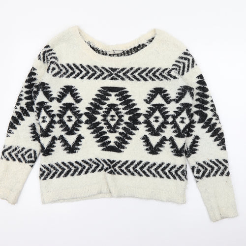 TU Womens White Scoop Neck Geometric Polyester Pullover Jumper Size 10