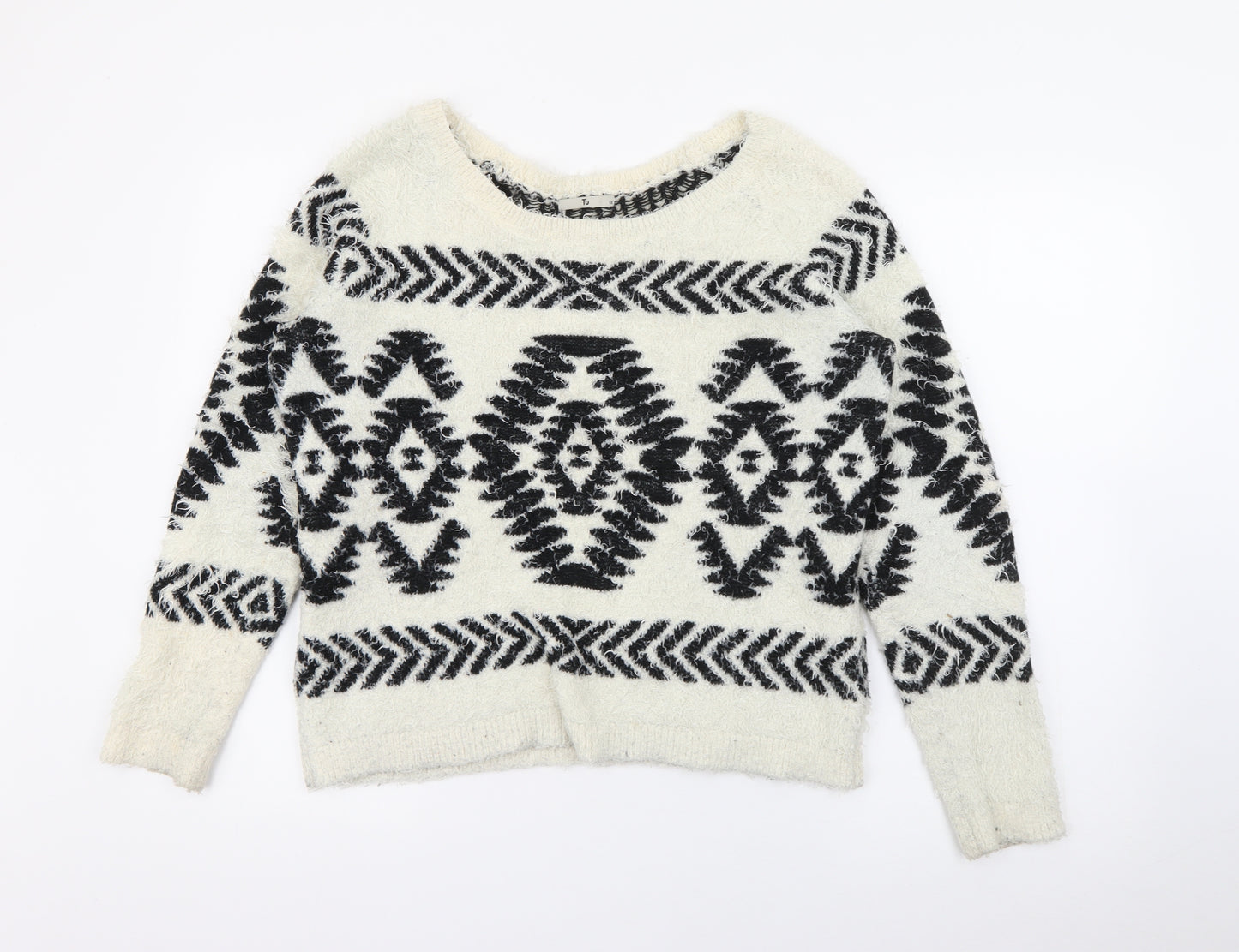 TU Womens White Scoop Neck Geometric Polyester Pullover Jumper Size 10