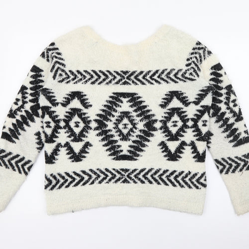 TU Womens White Scoop Neck Geometric Polyester Pullover Jumper Size 10