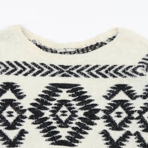 TU Womens White Scoop Neck Geometric Polyester Pullover Jumper Size 10