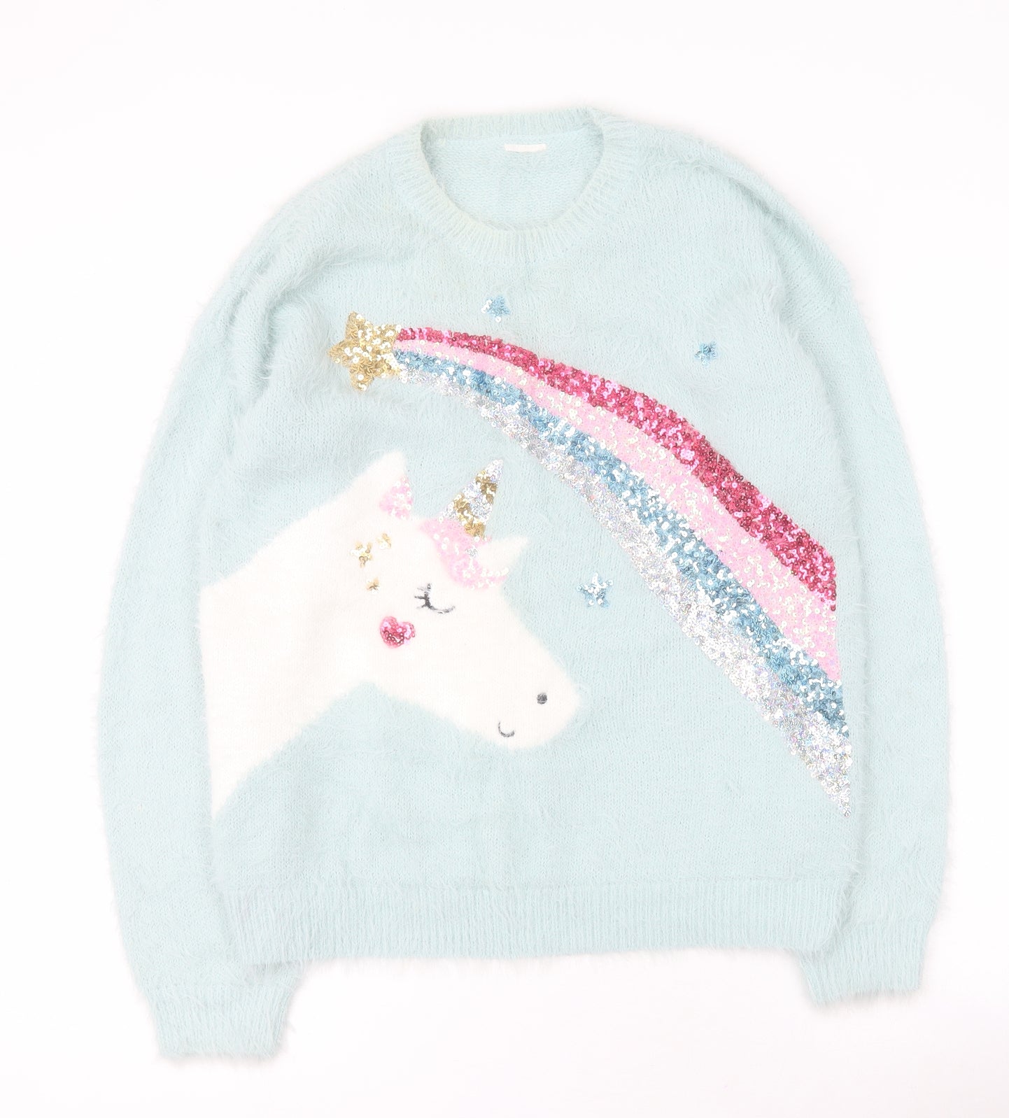 F&F Girls Blue Roll Neck  Polyamide Pullover Jumper Size 13-14 Years  Pullover - Unicorn